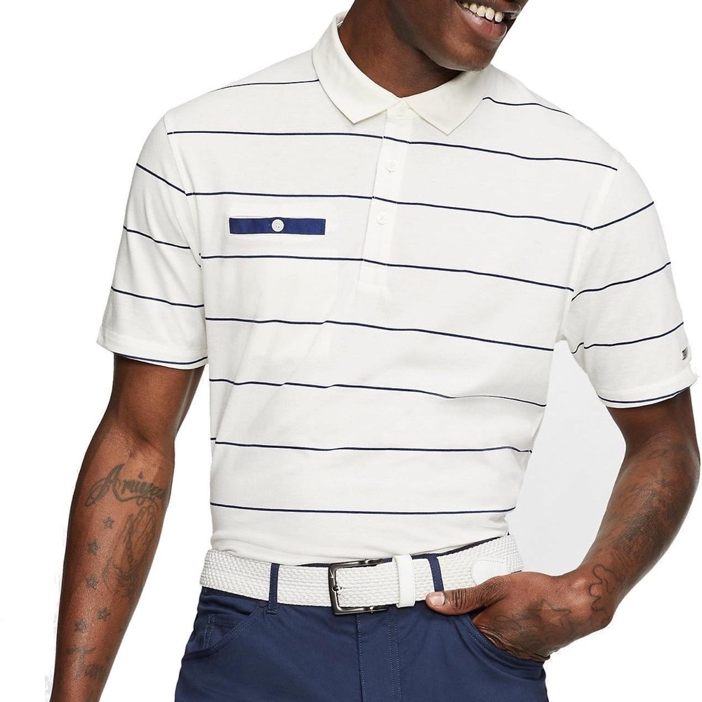 ❤️5/$25 Nike Dry Fit Player Stripe Polo Shirt Cream Size XXL Golf Athleisure